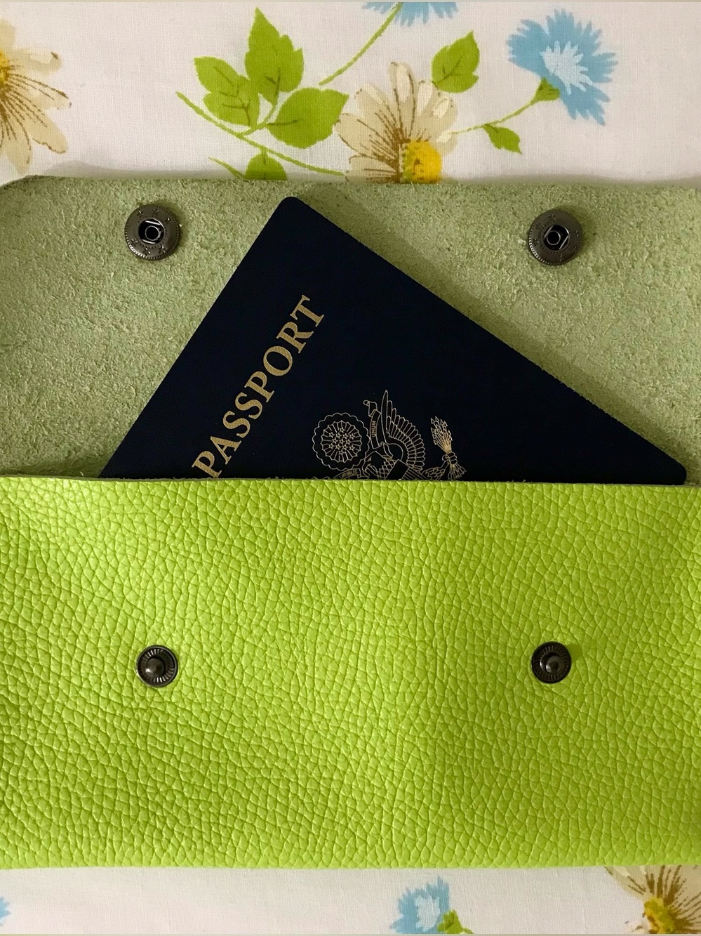 Handmade Genuine Leather Passport Holder Wallet - Neon Lime Green